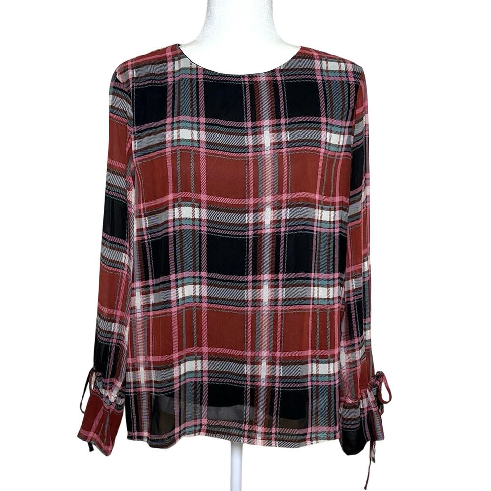 Vero Moda Plaid Blouse Women's L Rust Black Classic Sheer Feminine Top Shirt
